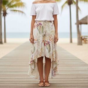 Z & L Cream Multi Tropical Leaf Floral Toucan Bird Tassel Hi-Lo Skirt Womens M